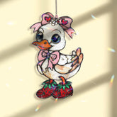 Cute Duck Acrylic Suncatcher, Stained Glass Style Duckling with Pink Bow and Strawberry Shoes, Adorable Animal Window Decor Gift
